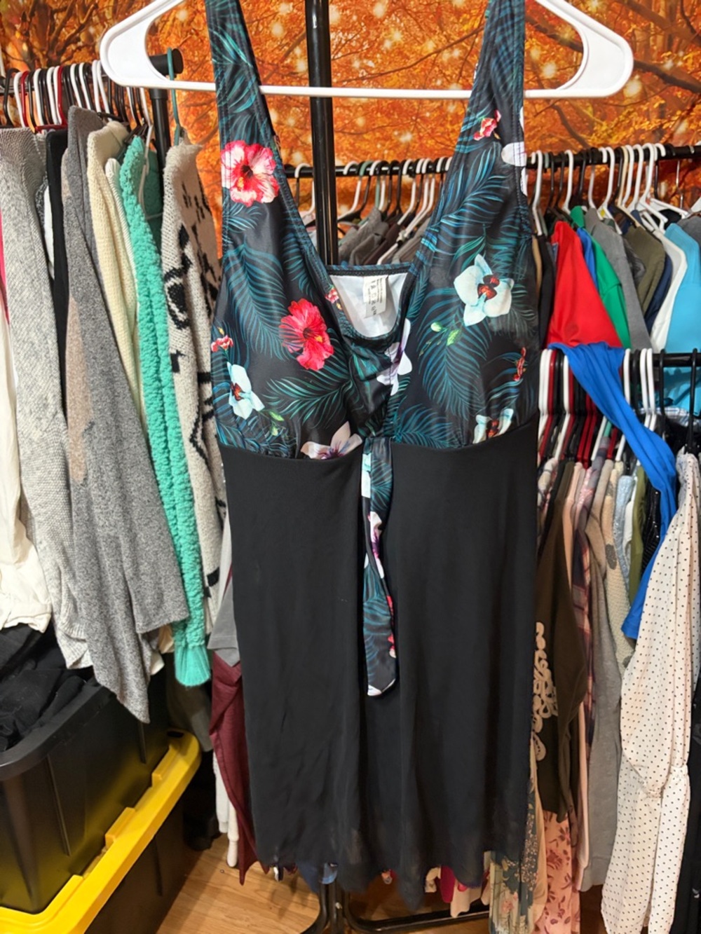 Source Unknown Black One-Piece Swimdress with Tropical Floral Bodice